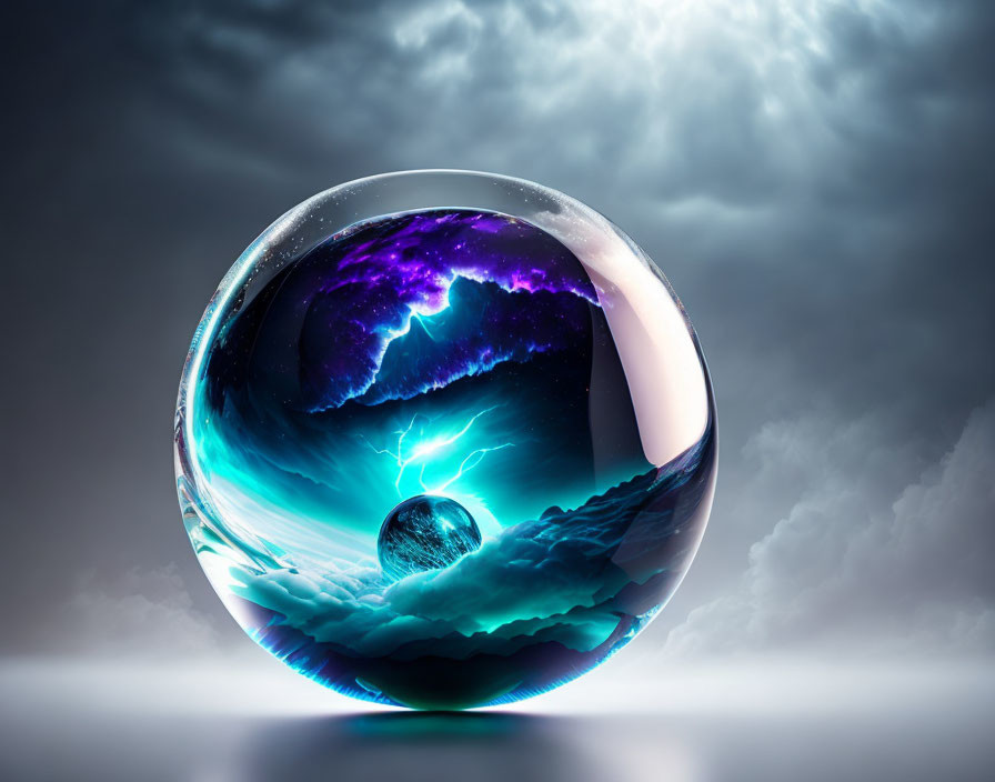 Transparent sphere with stormy seas and lightning in moody sky