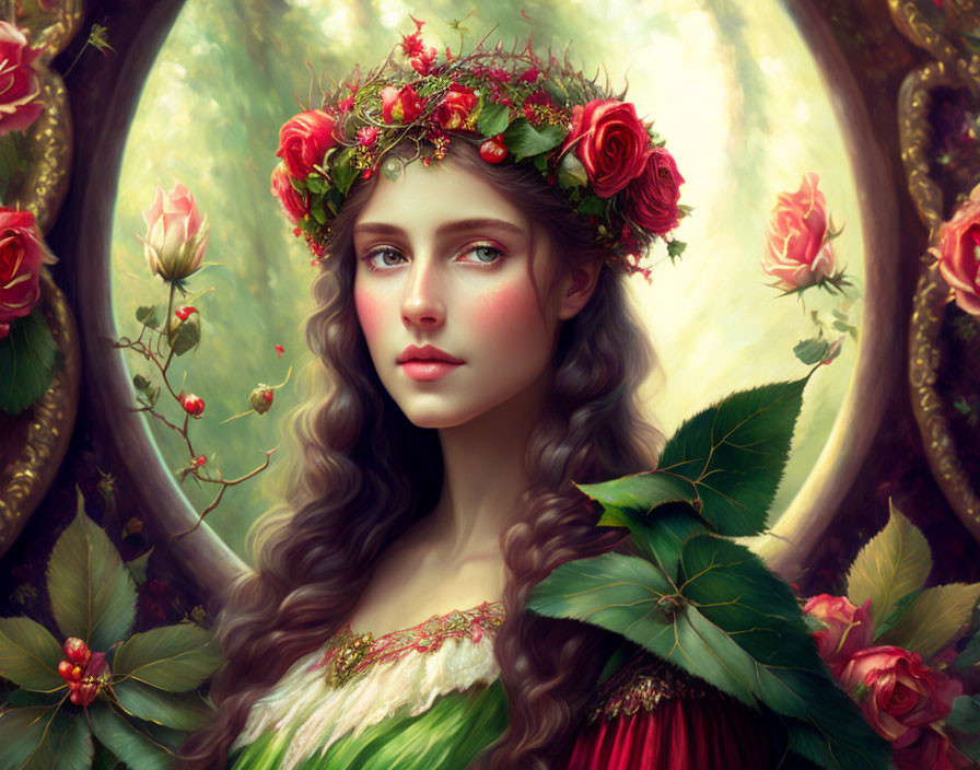 Young woman with floral crown surrounded by roses in serene gaze