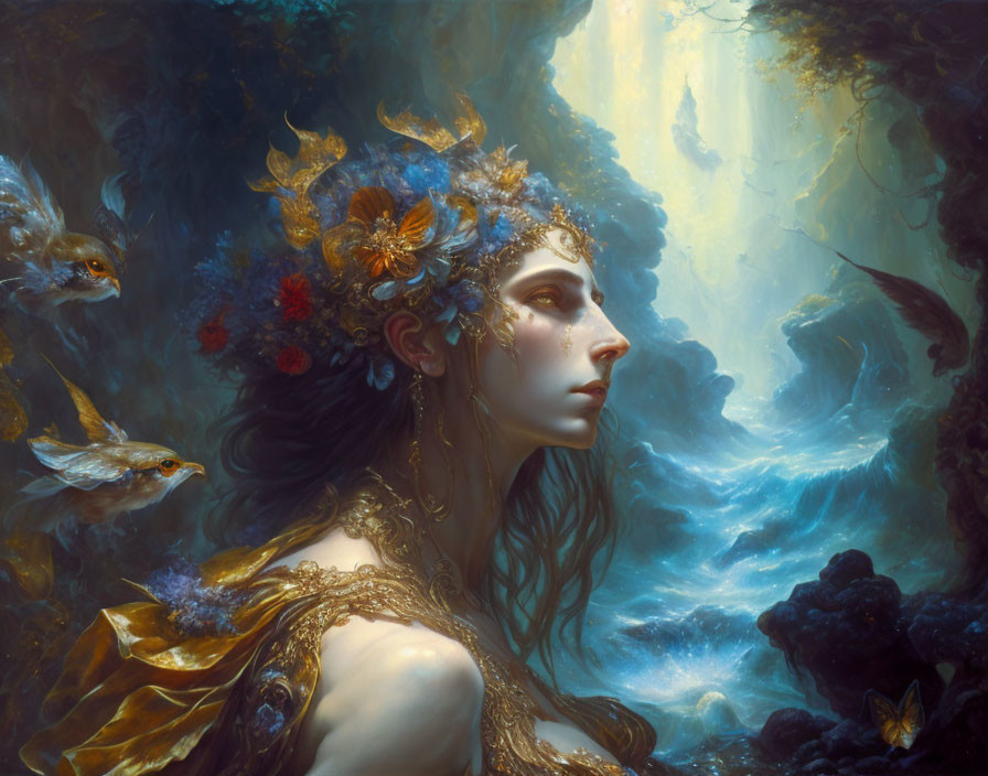 Mystical woman with floral headpiece in ethereal forest with birds