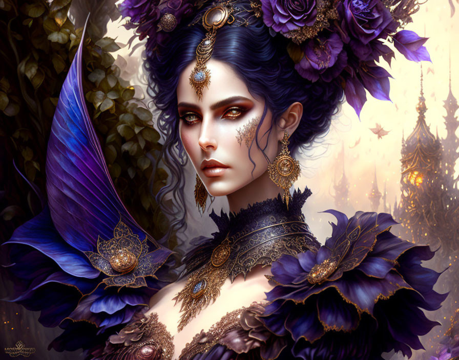 Fantasy artwork: Woman with violet eyes, gold jewelry, deep purple dress, ethereal backdrop