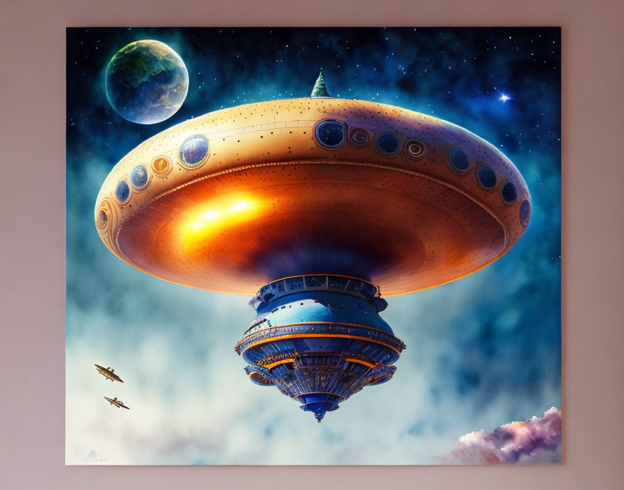 Detailed Flying Saucer and Small Aircraft in Sky with Starry Background