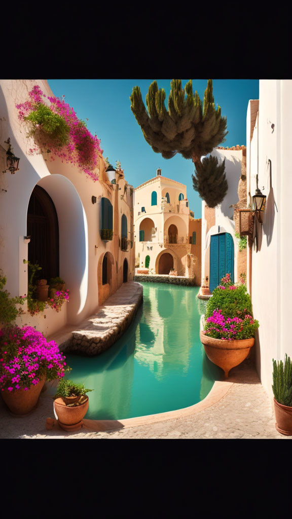 Scenic waterway with white buildings, bougainvillea, and terracotta pots