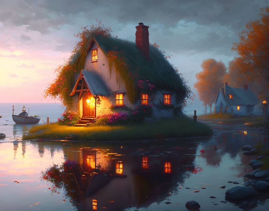 Thatched Roof Cottage by Serene River at Sunset