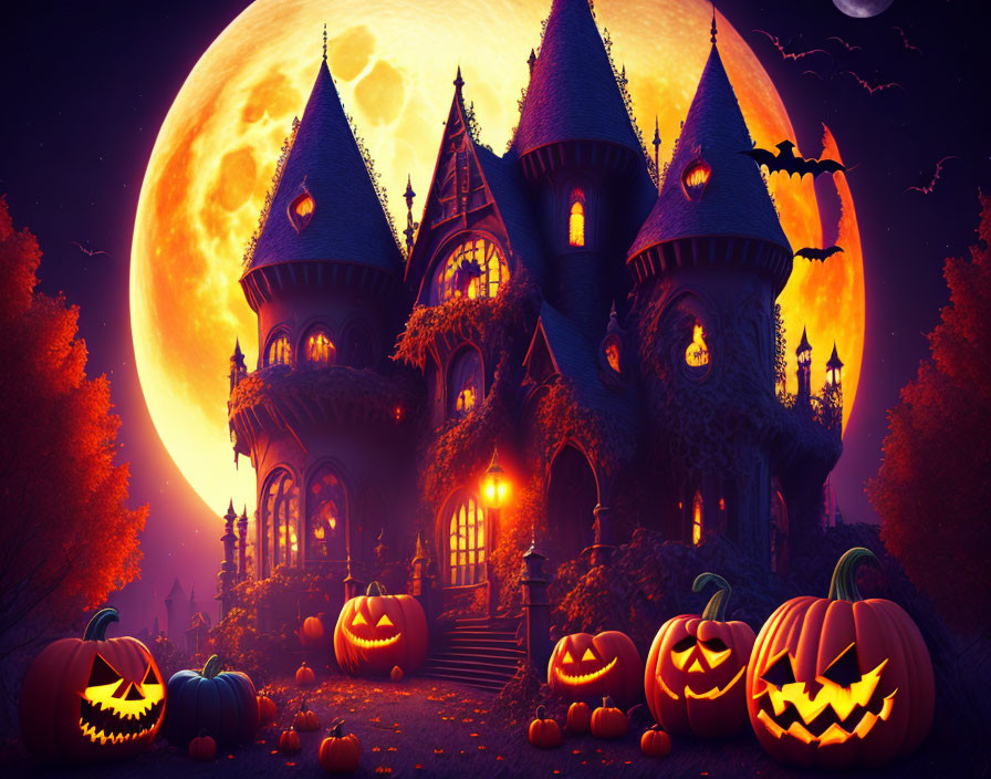 Haunted house with spires, full moon, jack-o'-lanterns, and bats