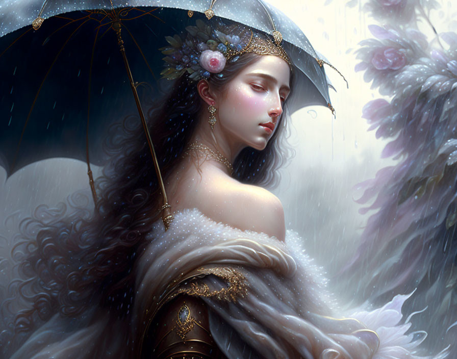 Woman in floral headpiece with umbrella in dreamy backdrop wearing fur-lined cloak.