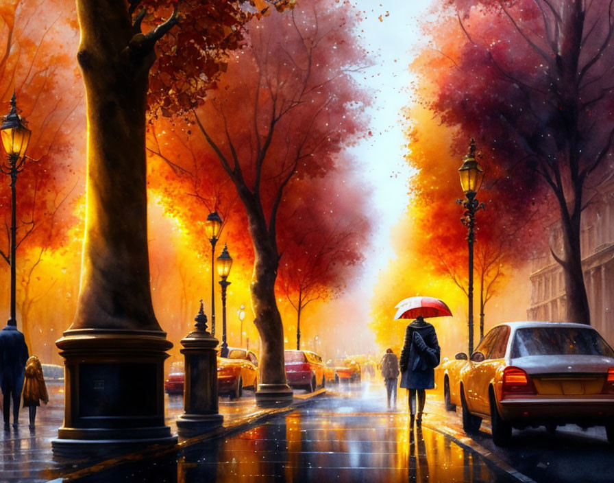 Rainy city street painting: twilight scene with umbrellas, cabs, and autumn trees