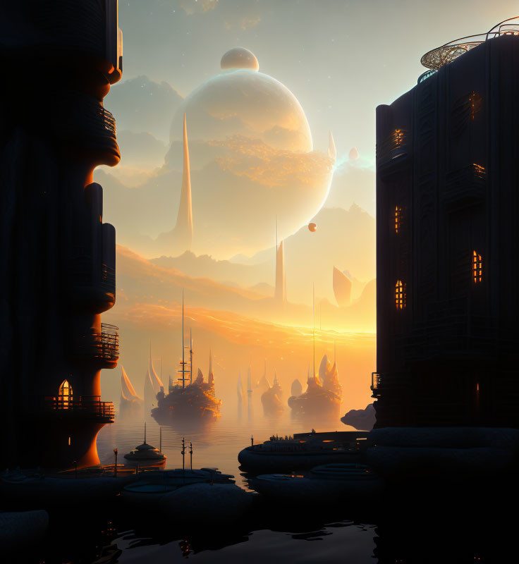 Futuristic cityscape at sunset with tall buildings, spaceships, and celestial bodies