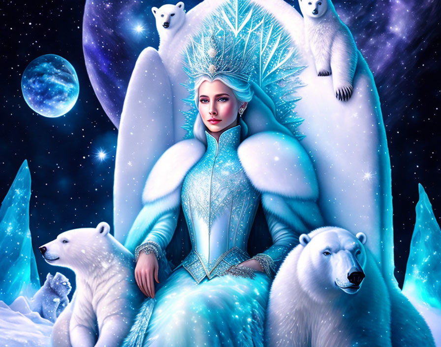 Fantastical icy scene with woman in crystalline gown, polar bears, starry sky.