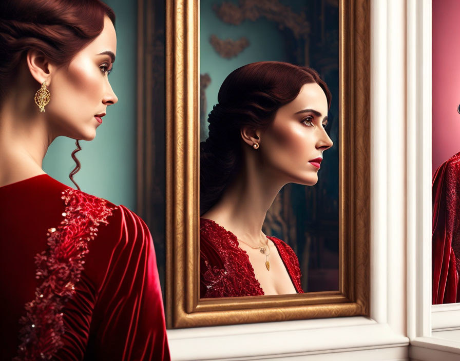 Woman in Red Dress Reflecting in Mirror Against Pink and Turquoise Backdrop