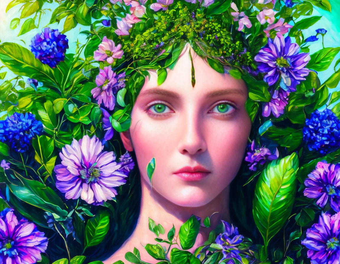 Woman with Floral Crown Surrounded by Blue and Purple Flowers