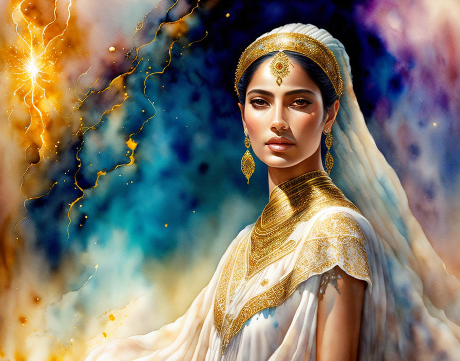 Digital Art: Indian Woman in Traditional Attire with Cosmic Background