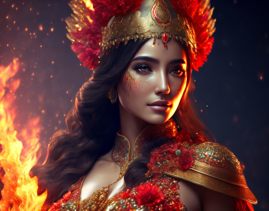 Woman in golden headgear and armor with fiery backdrop and intense gaze.