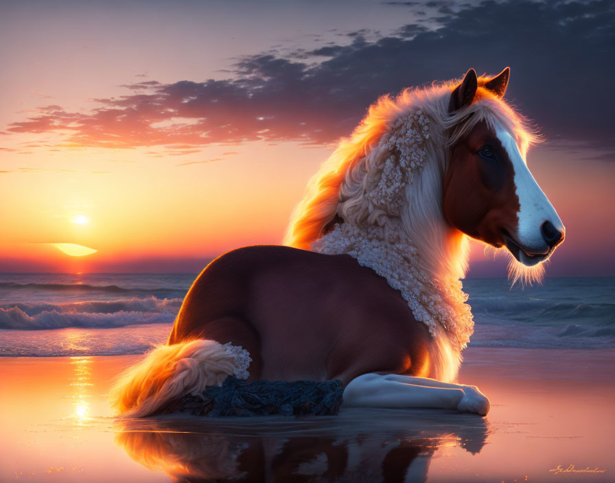 Majestic horse with thick mane on beach at sunset