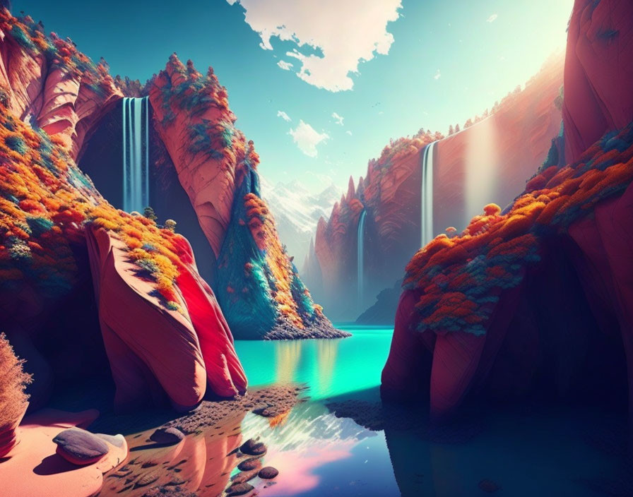 Vibrant digital artwork of fantastical canyon with waterfalls and colorful flora