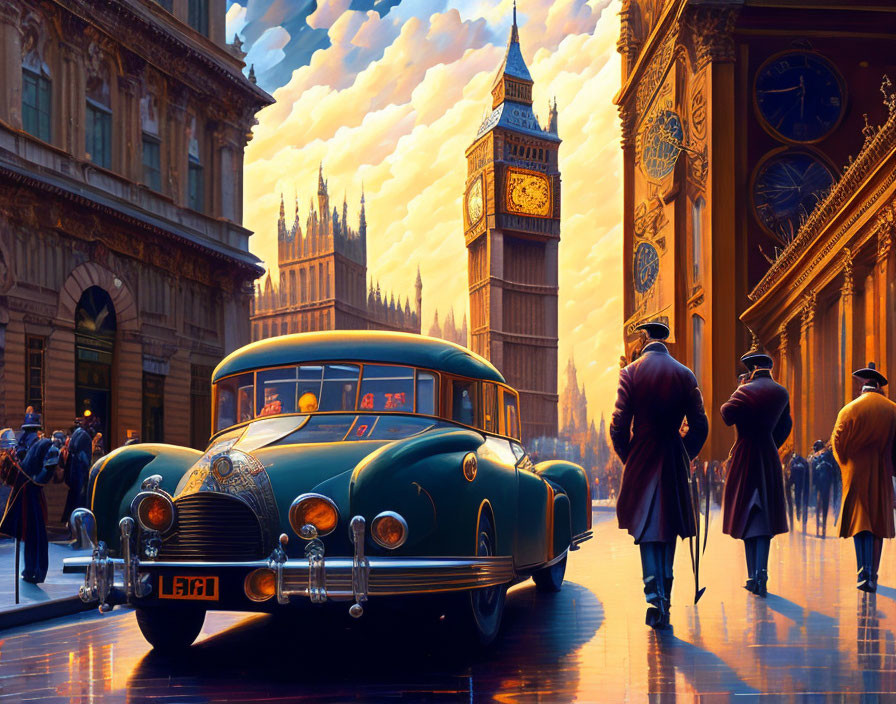 Vintage Green Car Parked in Historical London Scene with Big Ben