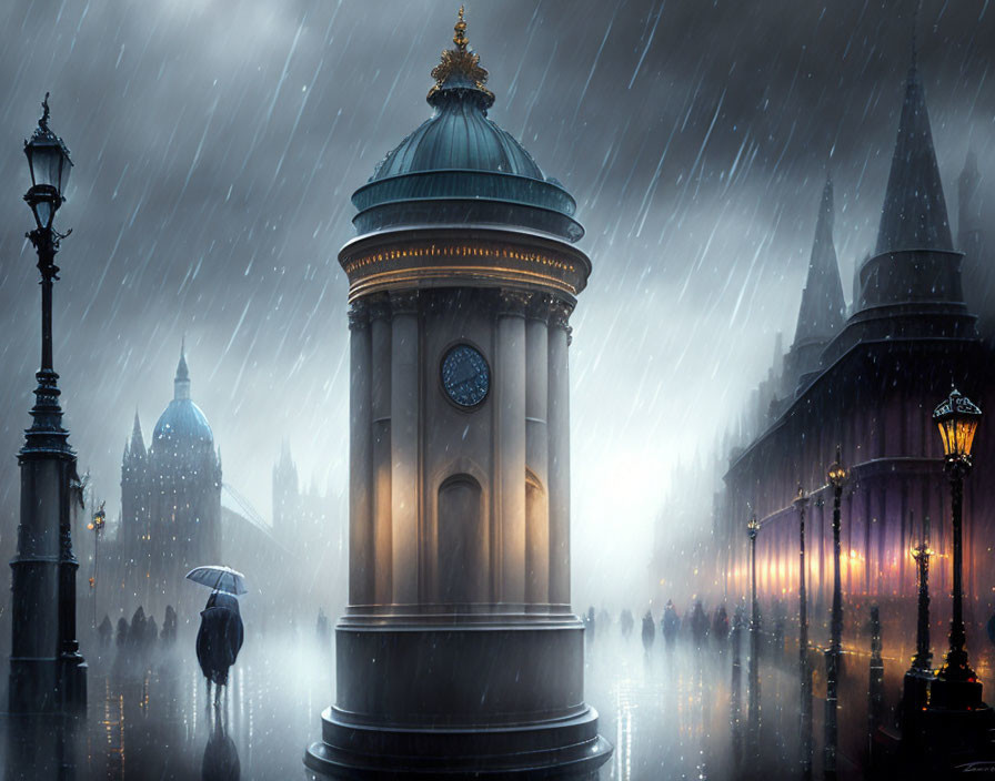 Person with umbrella near neoclassical building on rainy evening