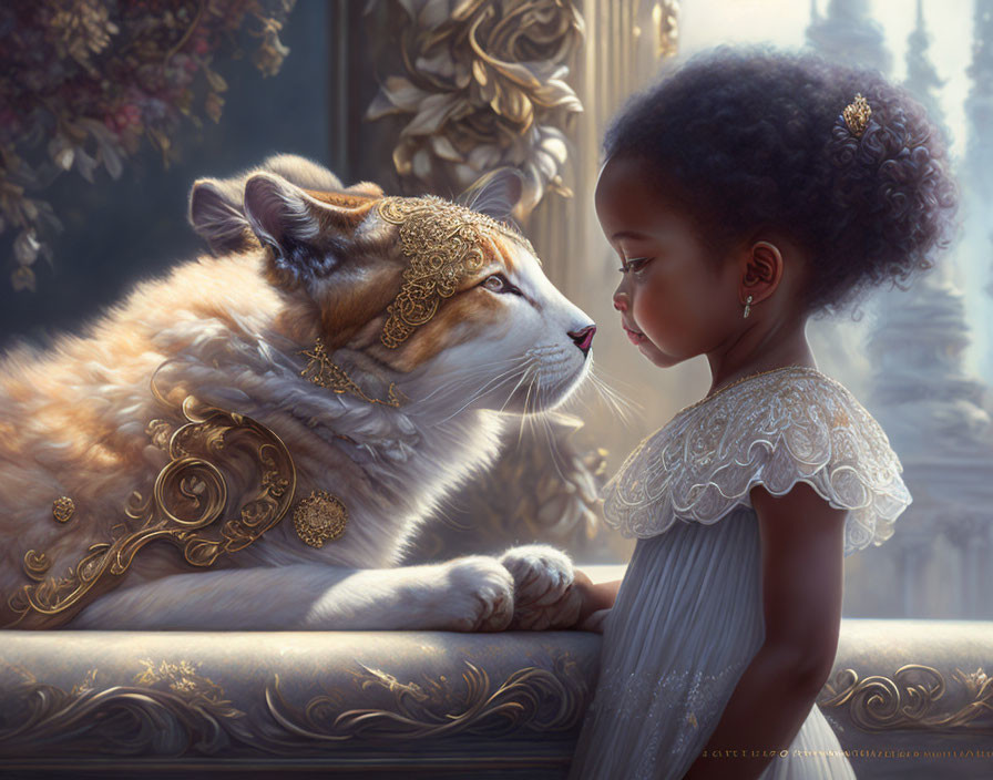 Young girl in white dress and majestic cat with golden headgear sharing a serene moment.