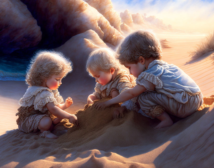 Children playing in sand under warm sunlight with curly hair, frilly outfits, rocks, and seascape