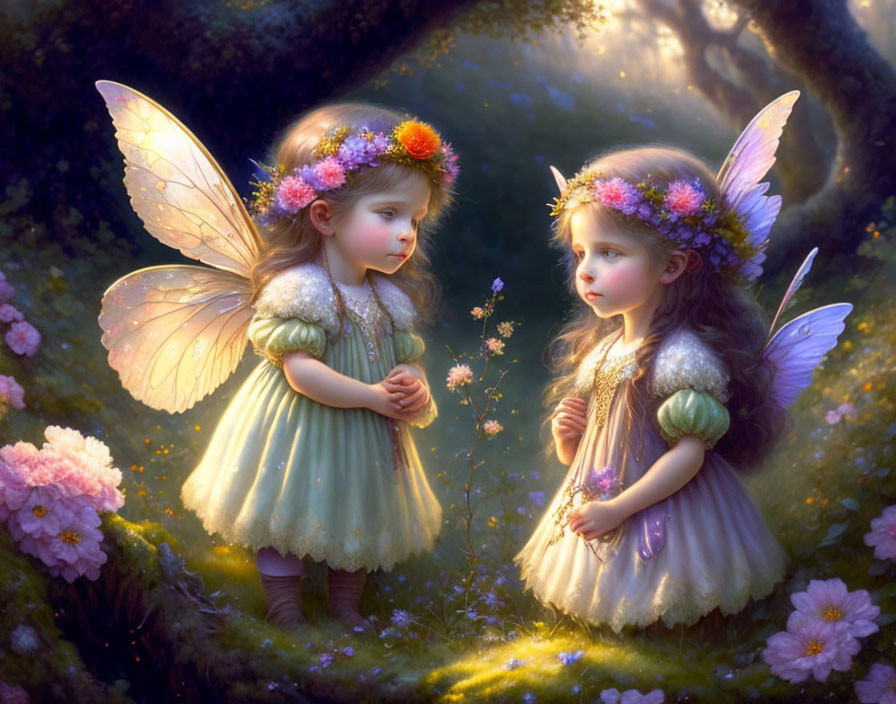 Illustrated fairies with luminous wings in mystical forest glade