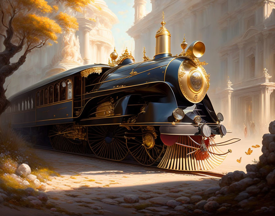 Vintage steam locomotive with golden accents in misty city with classical architecture and autumn trees.