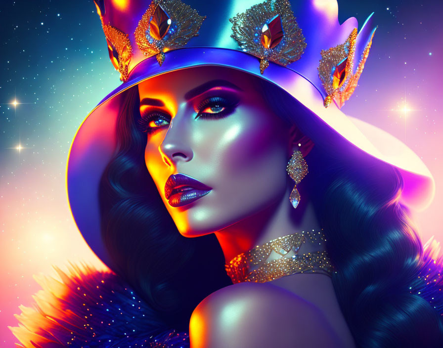 Portrait of woman with luminous skin in regal hat and vibrant feathers in neon-lit setting