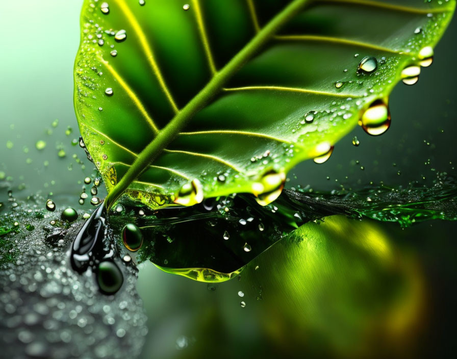 Fresh Green Leaf with Glistening Water Droplets