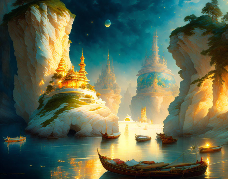 Fantasy landscape: Golden temples, cliffs, boats, moonlit sky