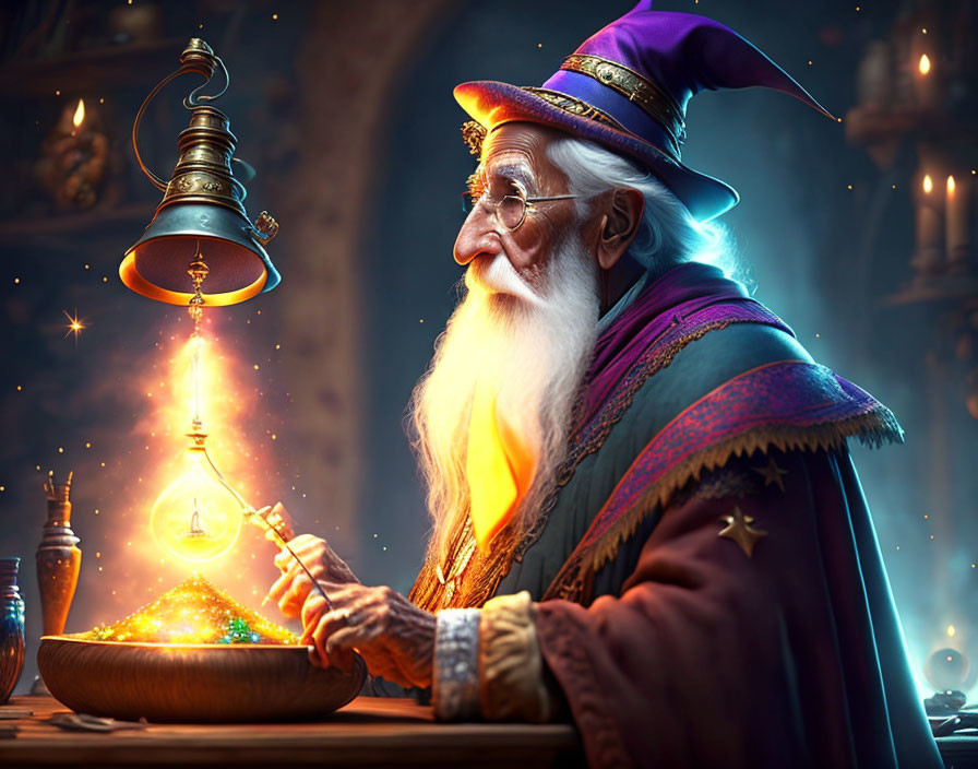 Elderly wizard examining glowing magical artifact in candlelit room