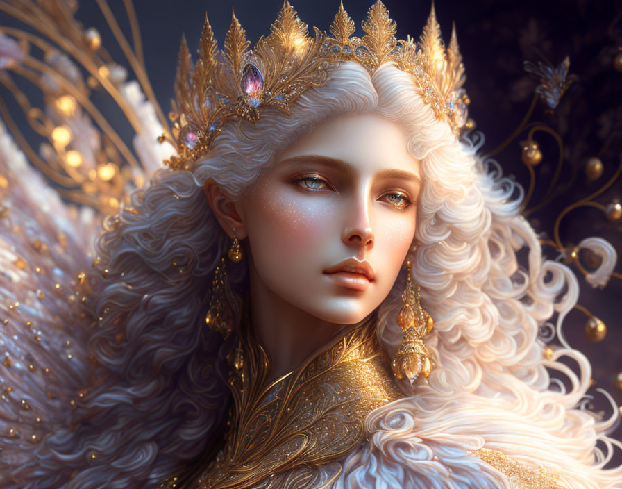 Fantasy Artwork: Regal White-Haired Woman with Golden Crown and Ornate Attire