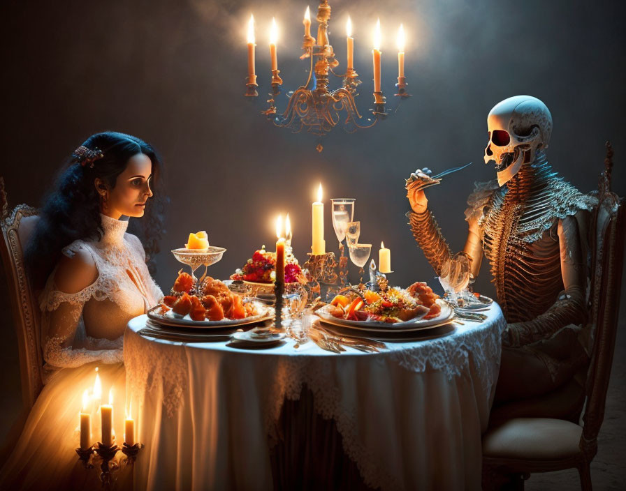 Skeleton and woman at candlelit dinner with chandelier and candelabra