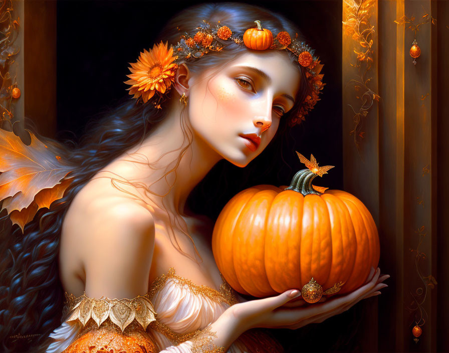 Fantasy illustration of woman in autumn attire with pumpkin and warm colors