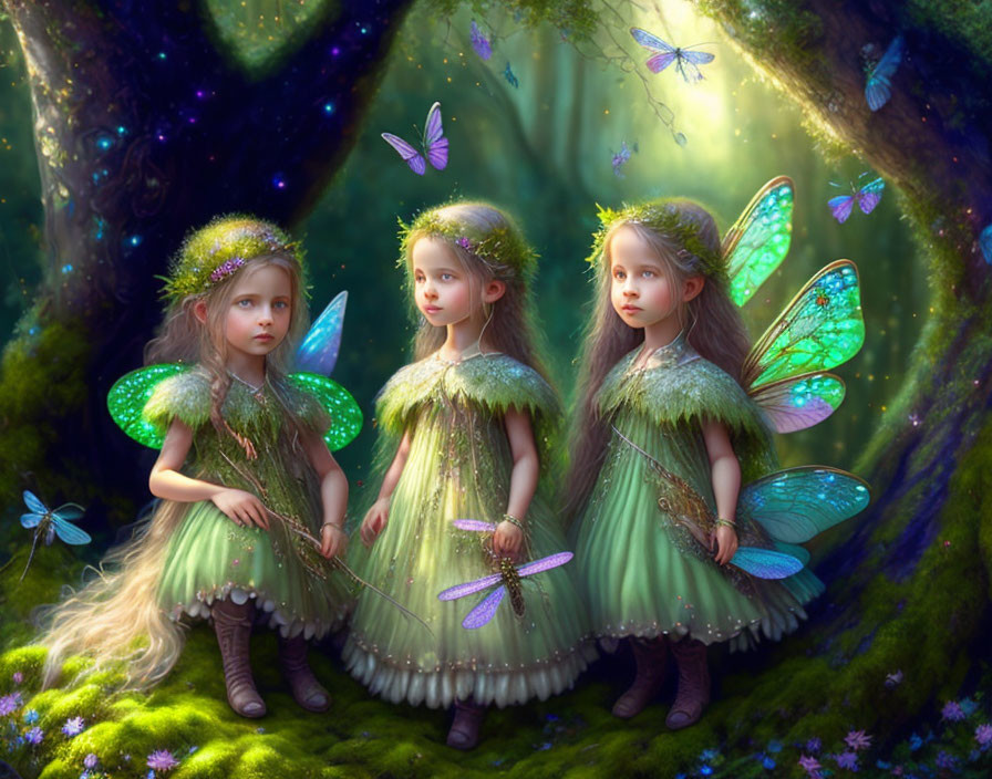 Whimsical fairy characters in mystical forest with butterflies.