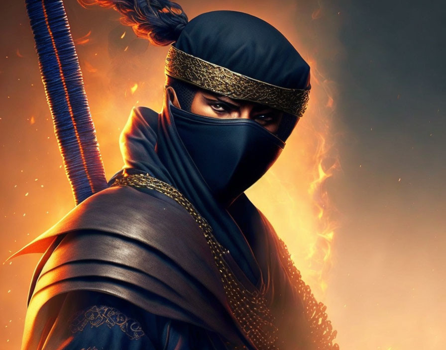 Masked ninja in black and gold outfit with intense eyes and blue rope weapon against fiery backdrop