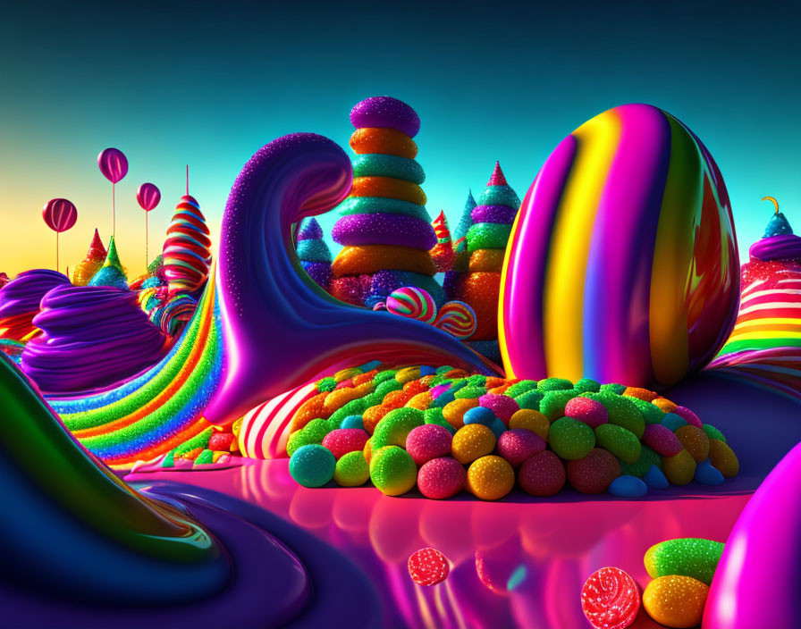 Colorful surreal landscape with rainbow patterns and glossy orbs