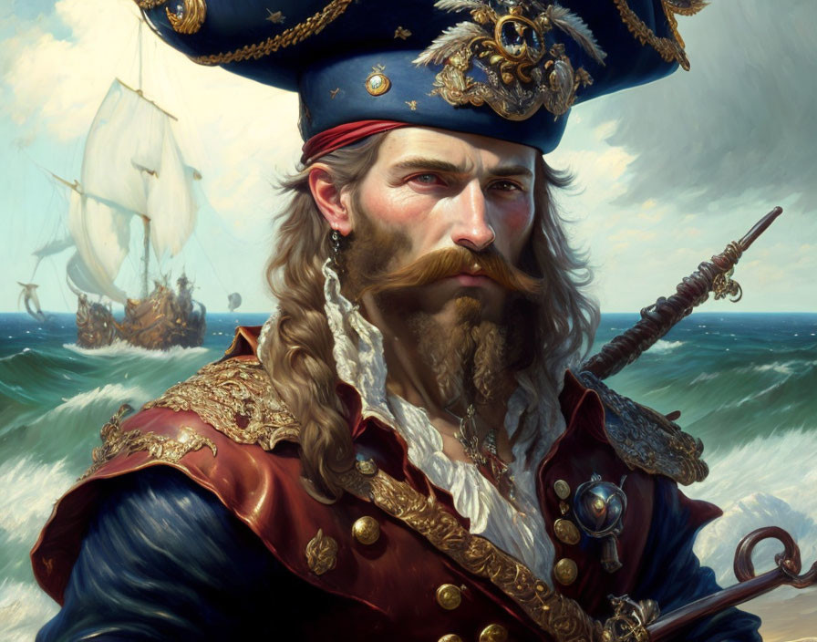 Bearded pirate captain with sword on sailing ship portrait