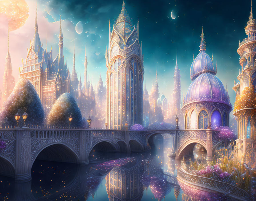 Fantasy landscape with glowing towers, bridge, and multiple moons.