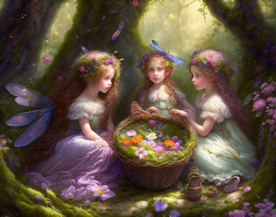 Ethereal girls with flower crowns and insect wings collecting flowers in a forest