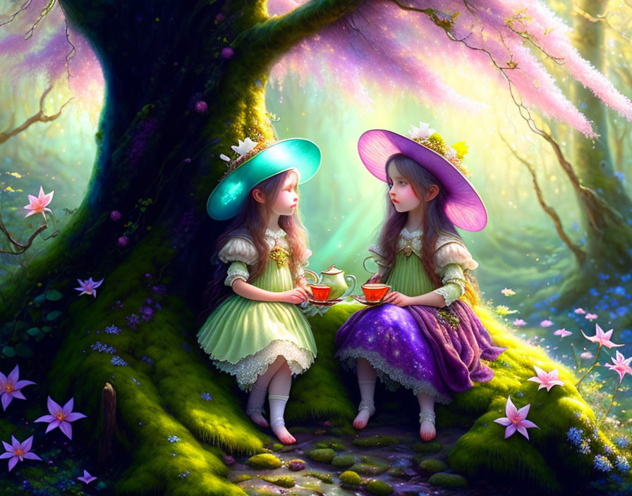 Elegant girls in wide-brimmed hats at magical forest tea party