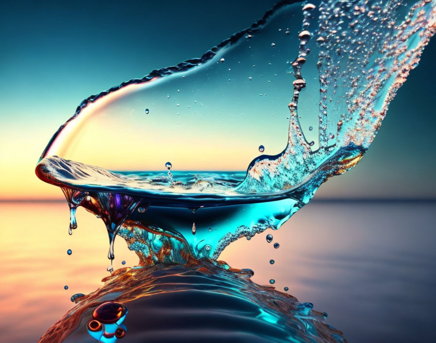 High-speed capture of vibrant liquid splash with dynamic water droplets against sunset backdrop