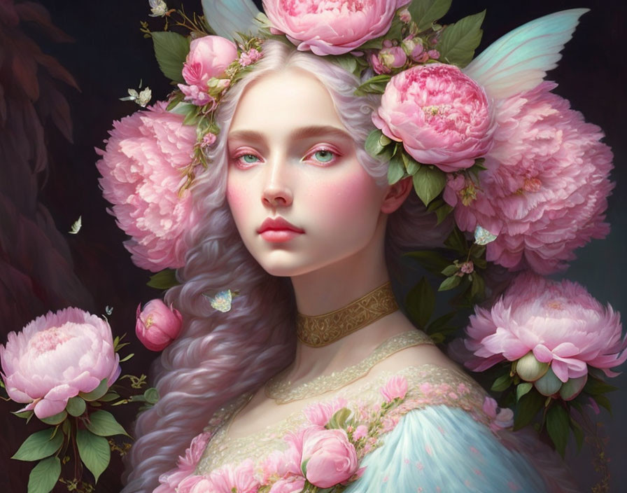 Digital portrait of woman with pink peonies in hair and blue eyes