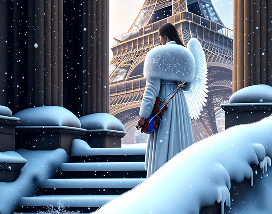 Angel with wings playing violin in snowfall with Eiffel Tower background