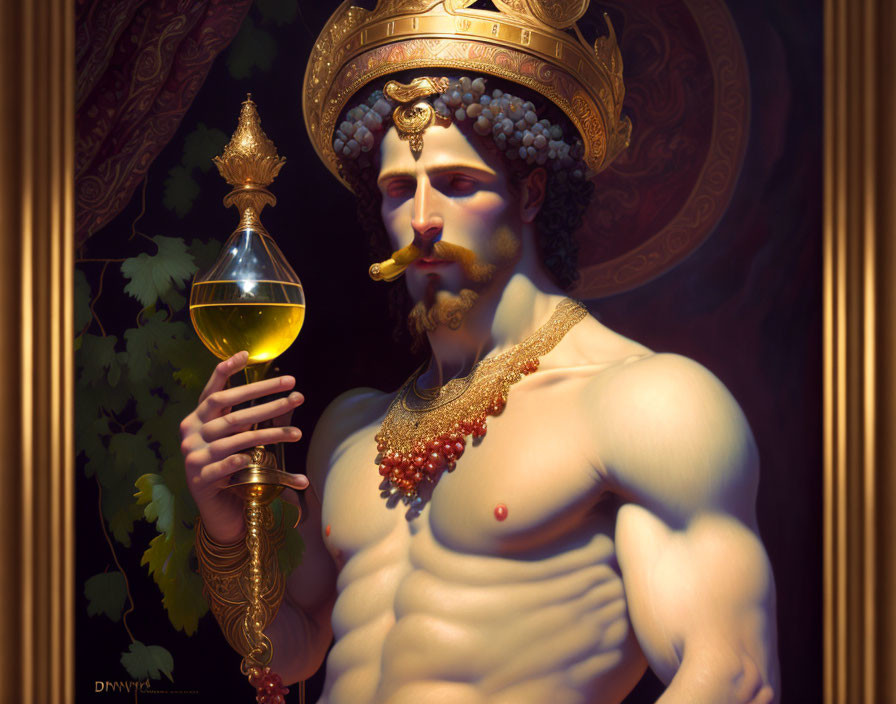 Muscular man holding golden chalice with crown and jewelry on rich drapery.