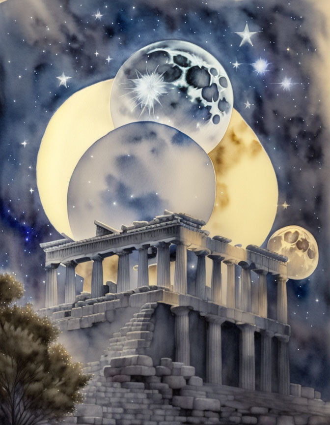 Ancient Greek temple under mystical night sky with oversized moons.