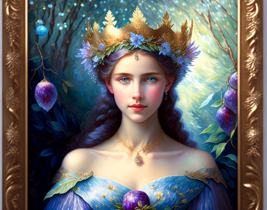 Regal woman portrait with nature-inspired crown and elegant attire