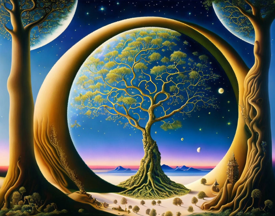 Surreal landscape with crescent moon, trees, and starry sky