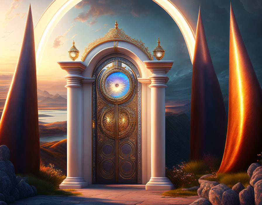 Mystical door in surreal landscape with towering spires