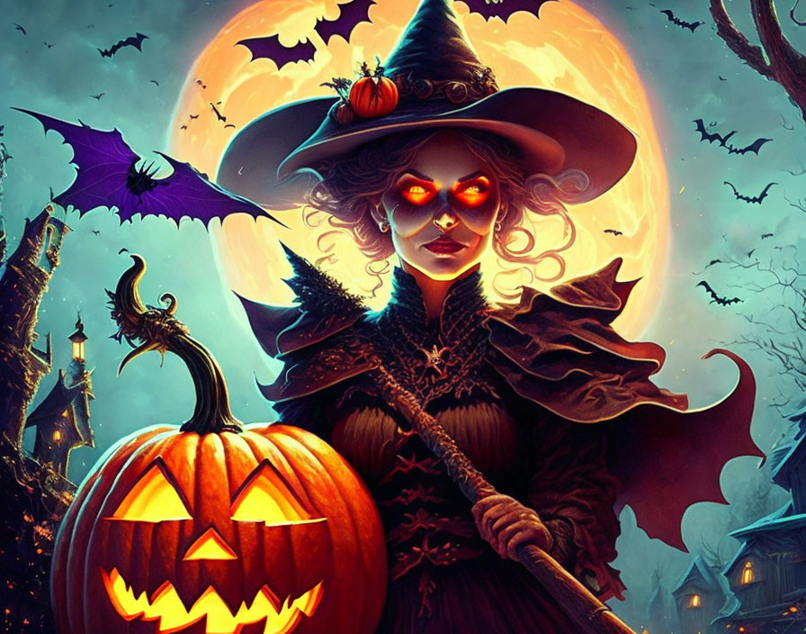 Illustrated witch with glowing gaze, broom, jack-o'-lantern, bats, Halloween theme