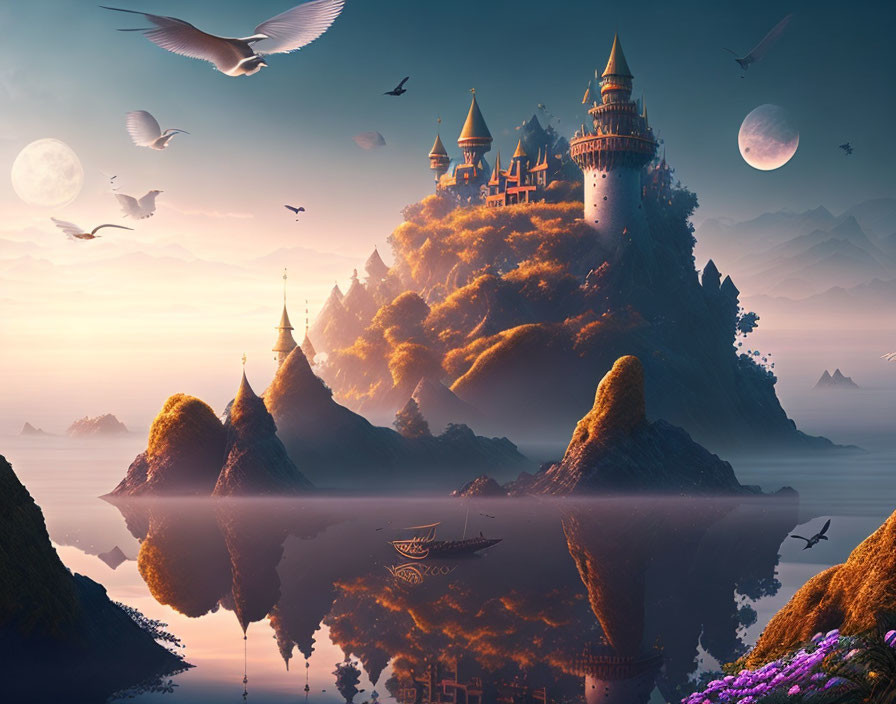 Fantasy landscape with castle, rocky pinnacle, water, birds, boat, and multiple moons.