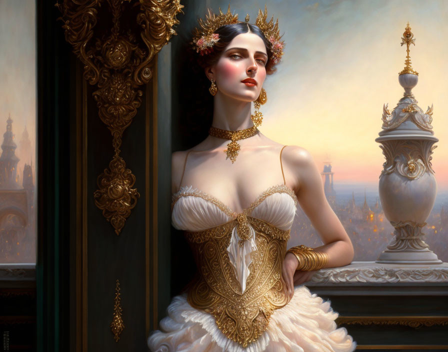 Detailed Corset Gown: Elegant Woman by Window & Tower