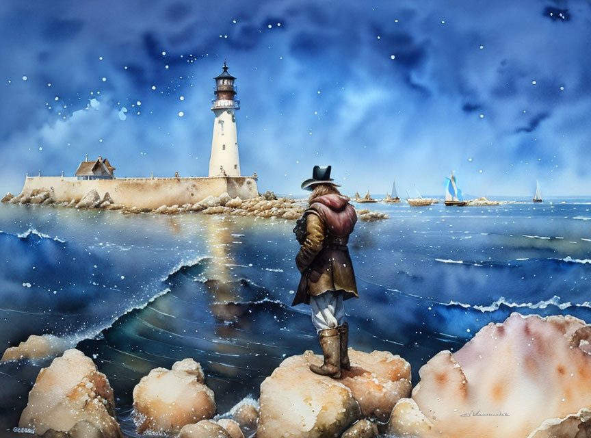 Historical figure admires lighthouse and sailboats under starry sky and glowing ice formations